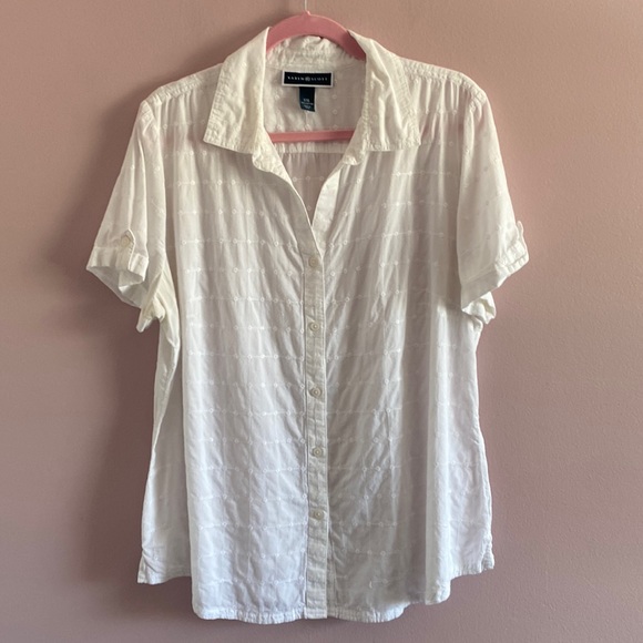 Karen Scott Tops - Karen Scott - White Eyelet, V-neck Short Sleeve Button-Up Blouse Size XXL